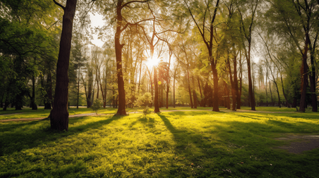 潮国创意公园的阳光束与绿色草树林森林