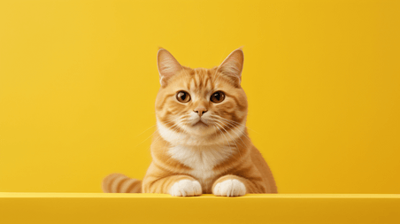 潮国创意黄色表面上的橙色和白色的猫动物