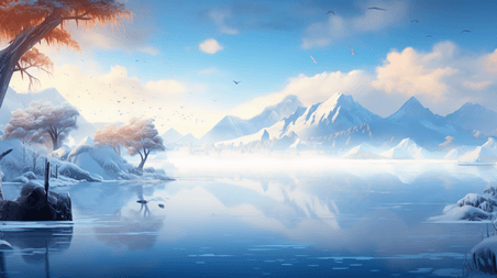 创意中国风山水湖风景插画冬天冬季雪山雪景