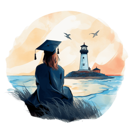 潮国创意研究生帽和披风的大学研究生坐在海边看着灯塔梦想未来