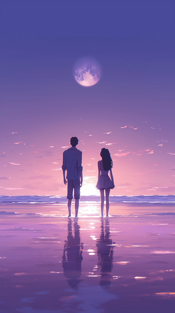 创意520情人节海边浪漫情侣剪影梦幻唯美紫色