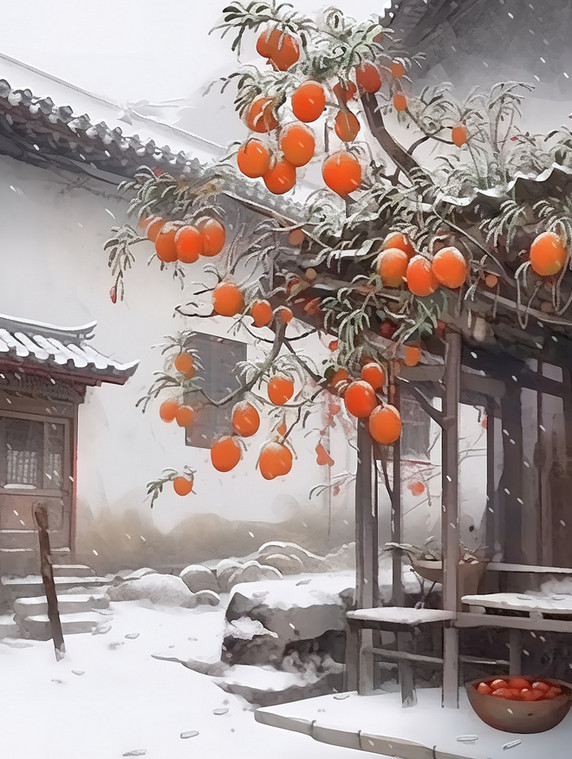 潮国创意庭院雪后柿子树二十四节气6冬天柿子中国风