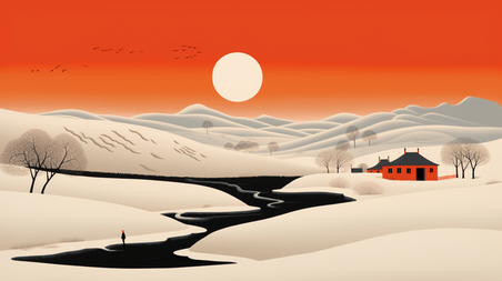 潮国创意橙色冬季田野风景插画28扁平简约抽象