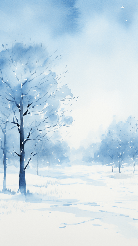 创意简约水彩冬天野外雪天森林雪地雪景插画