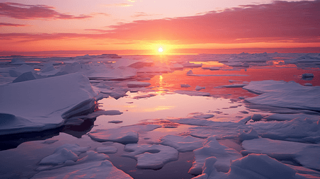 潮国创意夕阳下结冰的水面