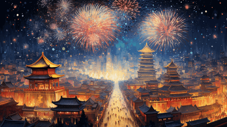 潮国创意中国风古城烟花秀插画36国潮中国风新年城市