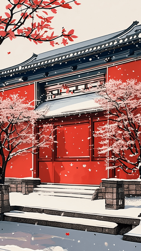 创意自然中国寺庙风景冬天插画唯美简约宫墙
