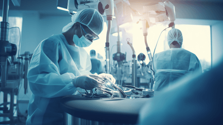 潮国创意机器人手术人外科医生在手术台上给病人做手术