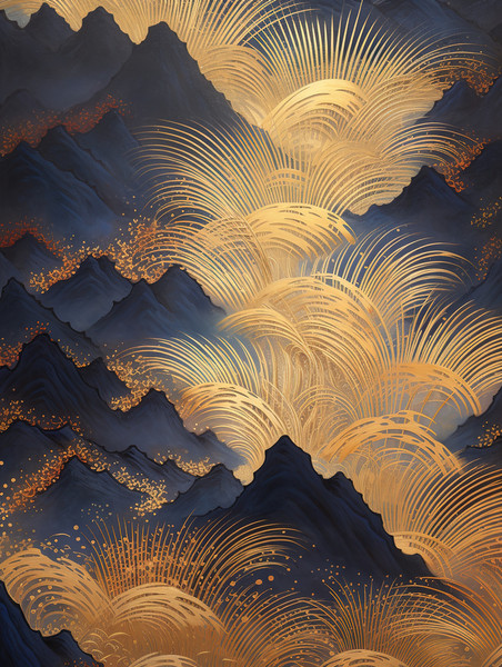 潮国创意鎏金山水云朵抽象插画2和风底纹