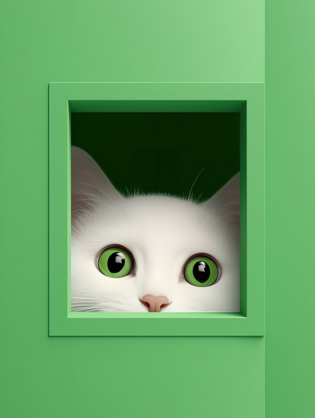 潮国创意白猫绿色块中窥视3创意简约色块