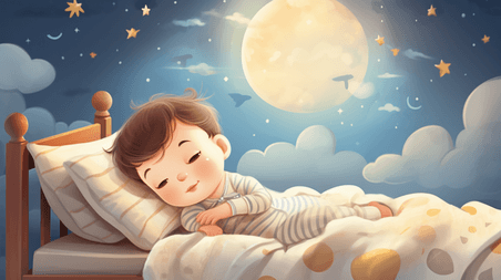 潮国创意躺在床上玩耍的小朋友插画16儿童母婴孩子夜晚睡觉