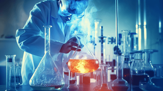 潮国创意科学家用仪器和科学实验实验室用玻璃器皿盛装化学液体医疗