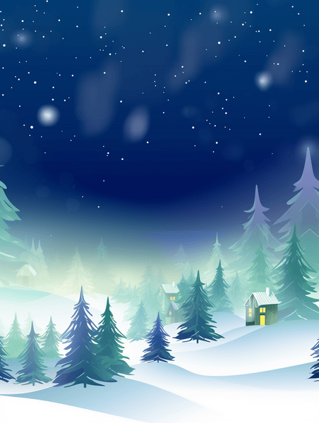 潮国创意雪地上森林小村庄的夜空背景6冬天雪景卡通大雪