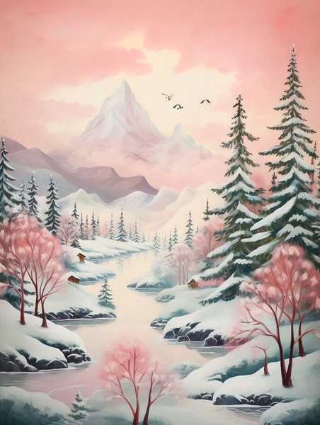 创意粉红色和祖母绿冬天雪景森林素材冬天冬季卡通雪景雪地