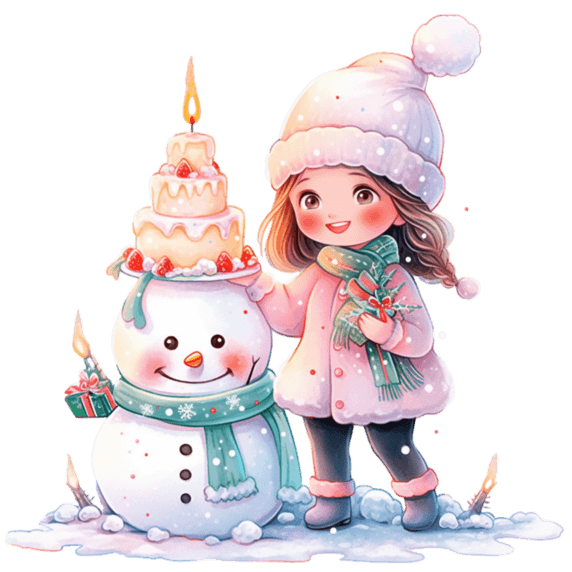 潮国创意圣诞节手绘可爱女孩雪人卡通元素冬天冬季生日蛋糕