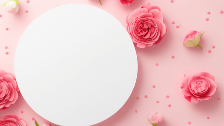 创意清新春天情人节花朵粉色玫瑰白色圆框背景素材