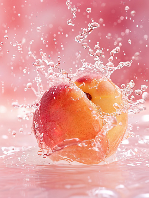 创意粉色水果生鲜桃子水花飞溅摄影照片