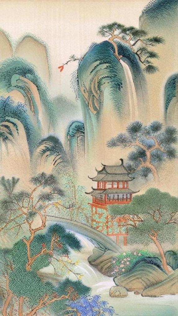 创意意境简约水墨国风古风水粉插画春日风景春天山水11