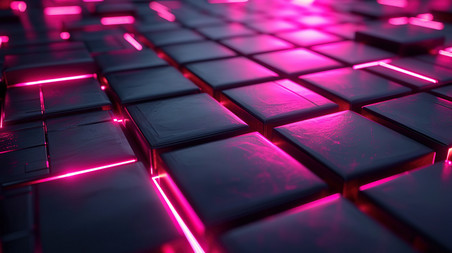 创意黑色金属镶嵌粉红色发光设计粉色抽象科技几何方块背景