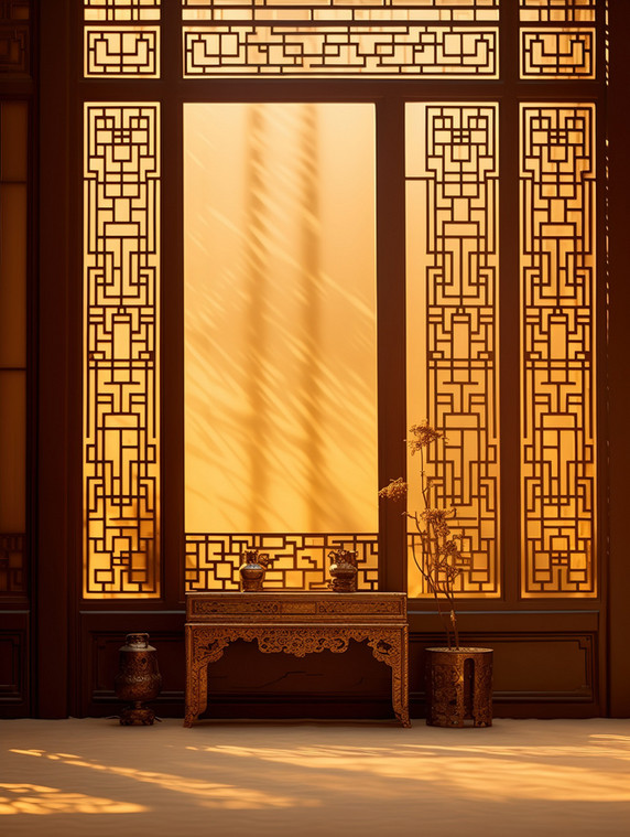 创意中国风意境门窗剪影复古窗户光影传统建筑插图