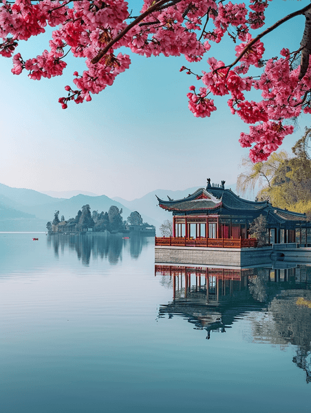 创意中国的西湖风景旅游风景中国风池塘桃花