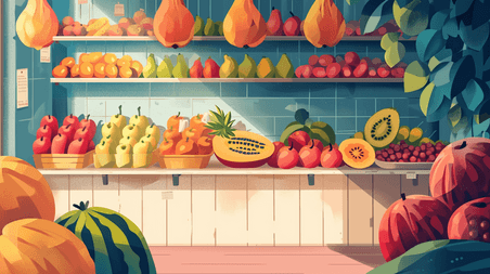 创意手绘水果店超市货架各式各样水果场景插画3