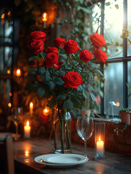 创意浪漫情人节桌子上摆满玫瑰浪漫约会背景