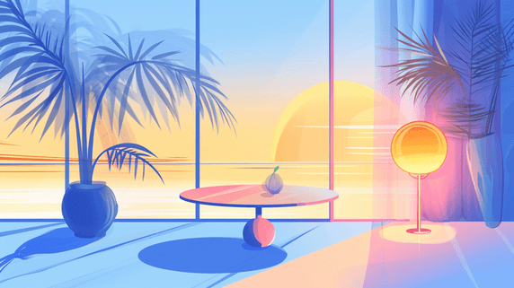 创意夕阳余晖下撞色办公室扁平室内插画32