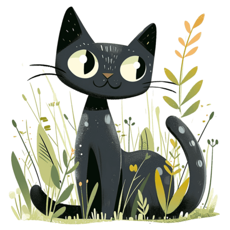 创意可爱扁平黑色小猫春天绿植卡通手绘元素