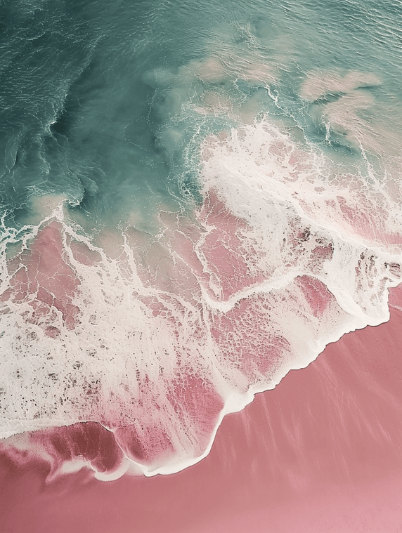 创意航拍俯视大海沙滩粉色沙滩旅游浪花的场景图