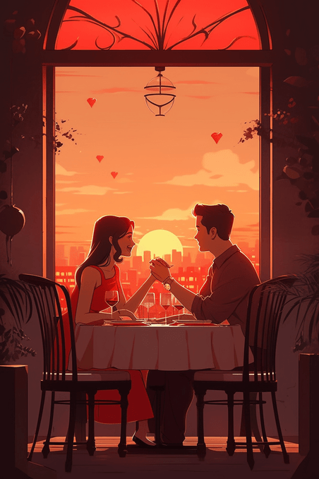 创意情侣餐厅吃饭约会烛光晚餐夕阳手绘插画图片