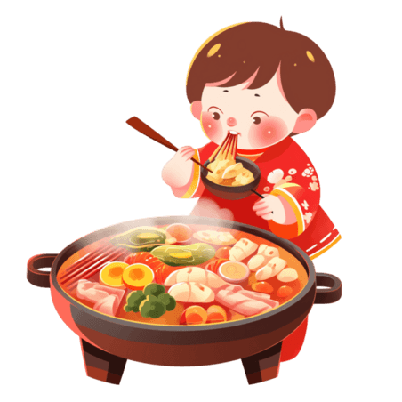 创意可爱卡通手绘小孩吃火锅春节美食吃货