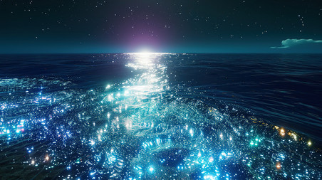 创意海边蓝眼泪水母发光设计海洋大海旅游夜景