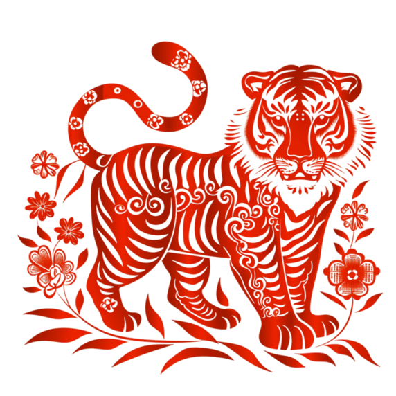创意红色剪纸风传统十二生肖虎元素窗花动物