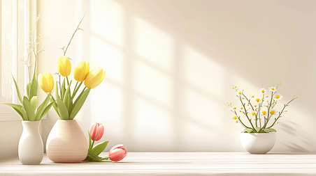 创意简约唯美春天春季花朵植物郁金香白色花瓶里插花的背景13