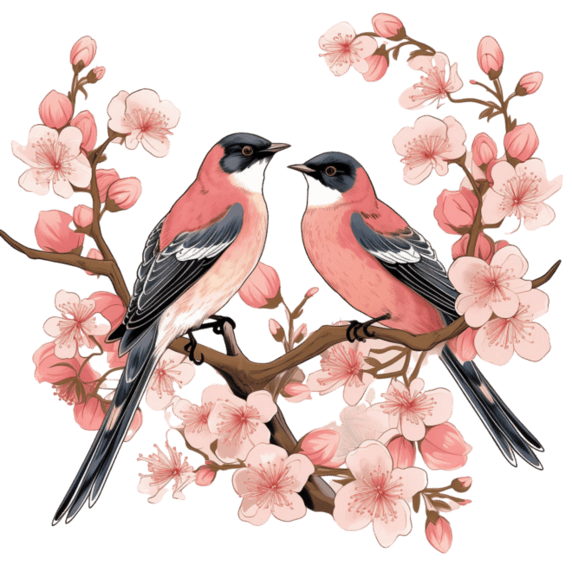 创意真实春天小鸟元素免抠图案花鸟浪漫樱花桃花
