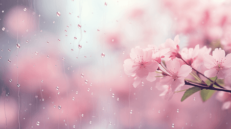 创意浅景深虚化春天粉色桃花樱花摄影雨珠背景