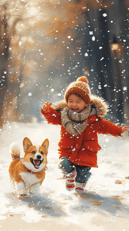 创意春节冬天冬季新年孩子油画小狗雪地玩耍