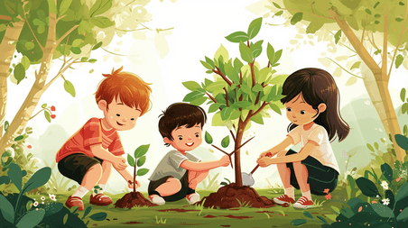 创意植树节小朋友栽树环保植树种树插画20