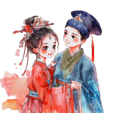 创意情人节情侣古典手绘卡通人物水彩中国风元素