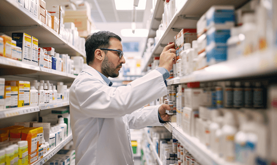 创意药店药物药品货架在药店里工作的药剂师