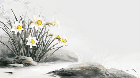 创意中国国画手绘艺术小草开花的水墨中国风水仙花插画8