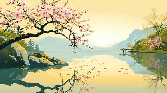 创意手绘公园中国风山水树木风景插画10