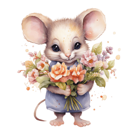 创意简单花朵和老鼠拟人卡通送花元素免抠图案