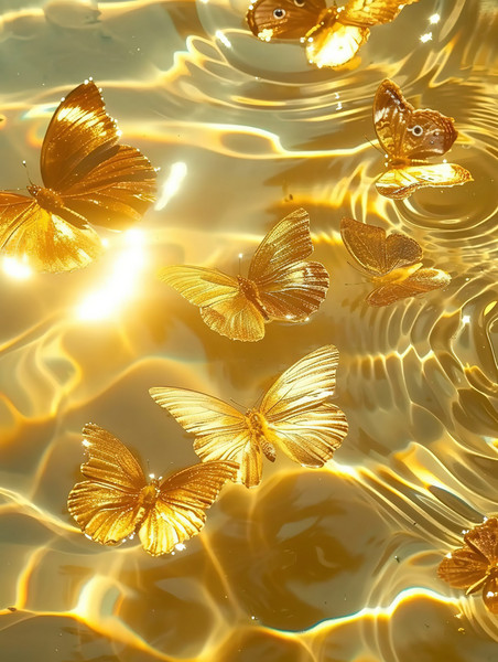 创意水面上闪闪发光橙色的蝴蝶金色浪漫壁纸插画设计