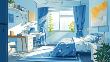 创意简约温馨手绘卧室的蓝色插画10