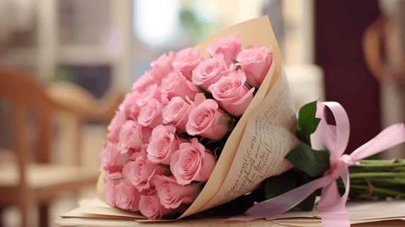 创意情人节一束粉色的玫瑰花背景摄影照片