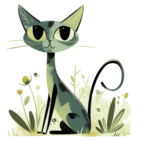 创意春天可爱扁平绿色小猫绿植卡通手绘元素