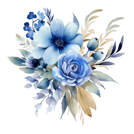 春天水彩植物花朵创意质感蓝色花束元素免抠图案