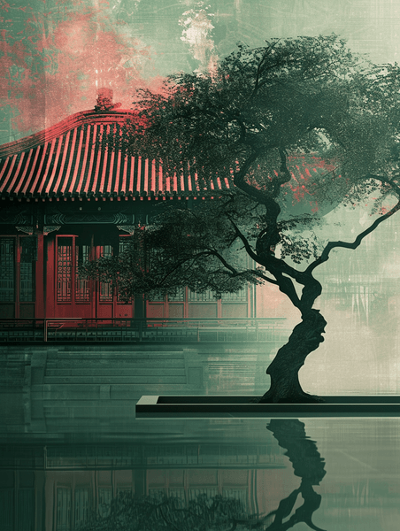 创意绿色复古中国手绘庭院建筑古风古院的插画4